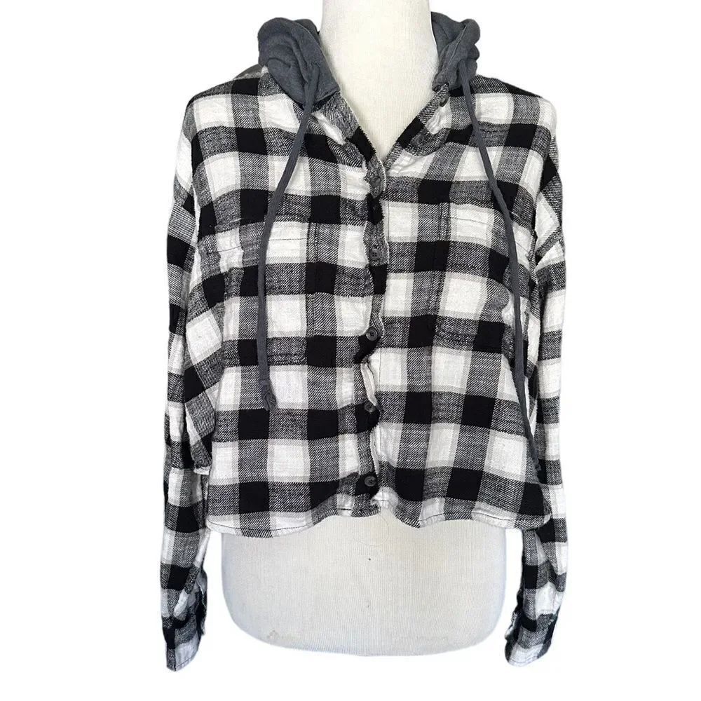 American Eagle Plaid Cropped Button Front Hoody Long Sleeved Fall Baggy Shirt